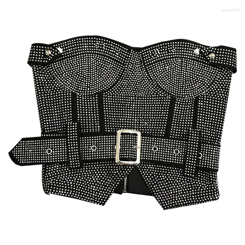 Work Dresses PREPOMP Sleeveless Strapless Rhinestone Diamonds Black Slim Tank Top Vest Short Bodycon Skirt Belt Two Piece Set Outfits GH708