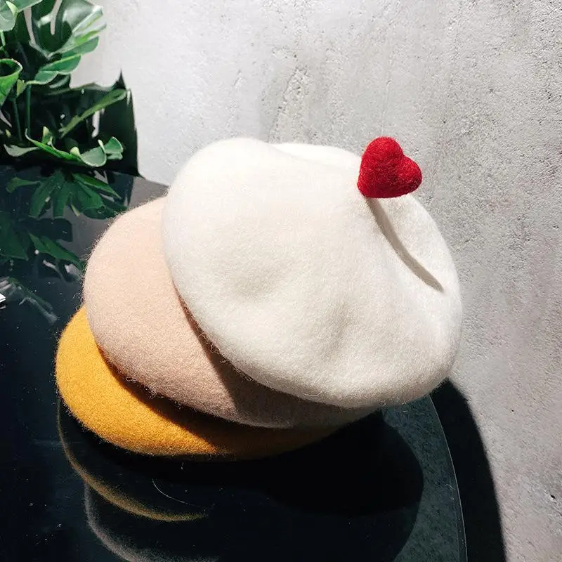 Women Sweet Wool Felt Love Beret Painter Hat Parent Child Handmade new Heart Girls 2025 Cute Woolen Hat