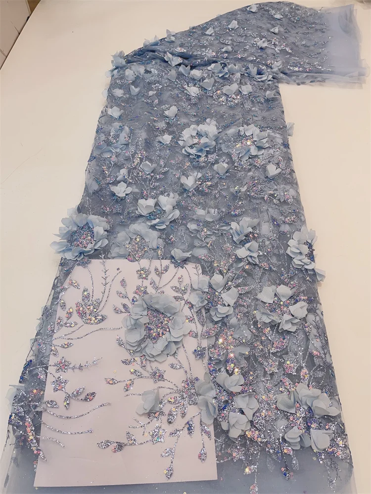 African Glue Sequins Tulle Lace Fabric French High Quality 3d Embroidery 5 Yards Nigerian Lace Fabrics For Party Dress