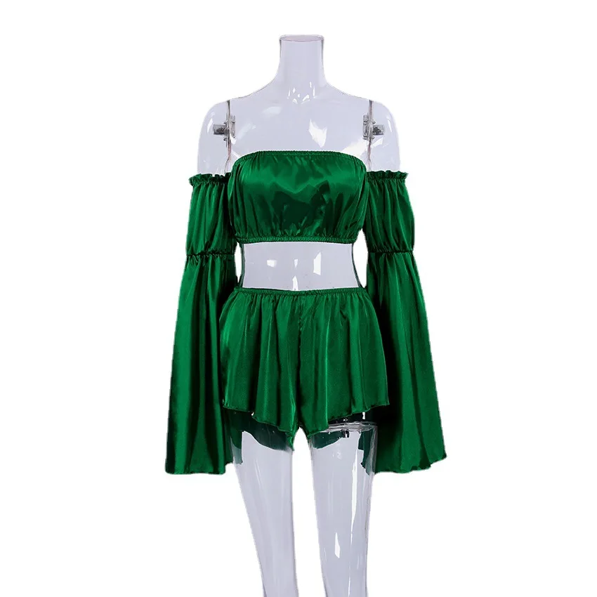 Satin Pama Sets Green Crop Top Set with Shorts Flare Sleeve Sleepwear Women's Sexy 2025 Ruffled Women'S Nightwear new 2024 Lingerie