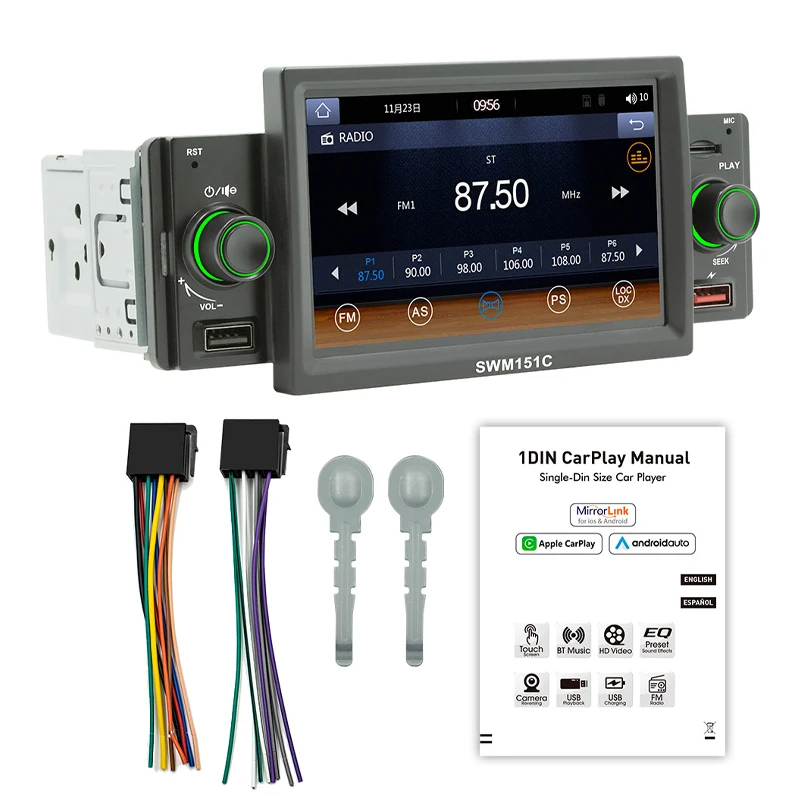 1 Din Car Radio CarPlay Android-Auto 5 Inch MP5 Player Bluetooth Hands Free A2DP USB FM Receiver Audio System Head Unit SWM151C