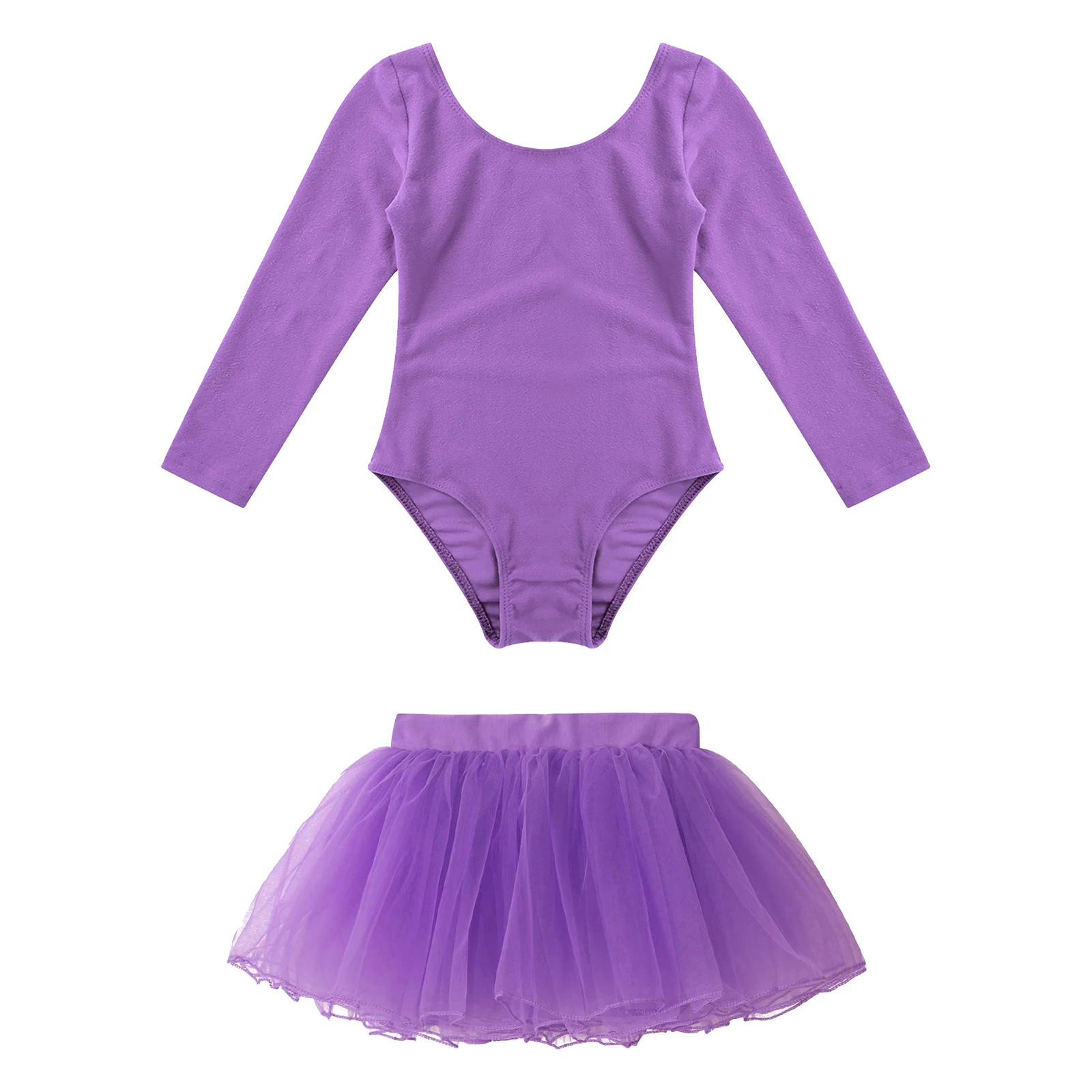 new Girls Ballet Dance Leotards Long Sleeve Solid Color Leotard+Tulle Tutu 2025 Skirt Outfit Kids Gymnastics Workout Performance Bodysuit