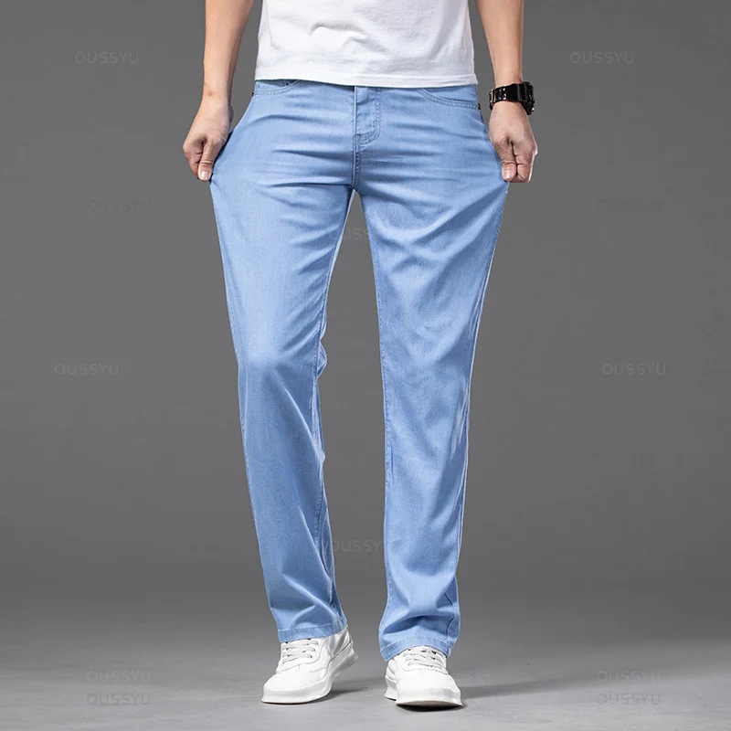 2024 New Summer Lyocell Baggy Men's Jeans Elastic Waist Thin Straight 2025 new Denim Pants Dark Blue Classic Trousers Plus Size 40 42
