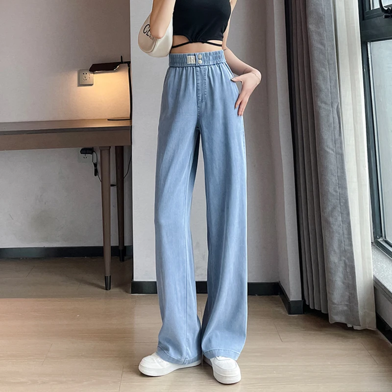 Wide Leg Ice Silk Jeans Women Summer Soft High Waist Pants Femme Thin Loose Casual Trousers Cool Denim Pants Mujer Light Blue