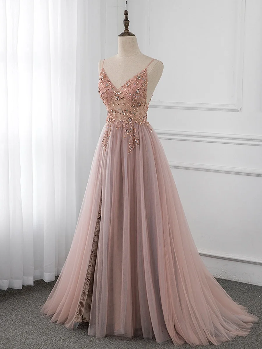 Dusty Pink Bridesmaid Dresses Spaghetti Straps V-Neck Rhinestones Beading new Crystal Wedding Paety 2025 Formal Prom Evening Gowns