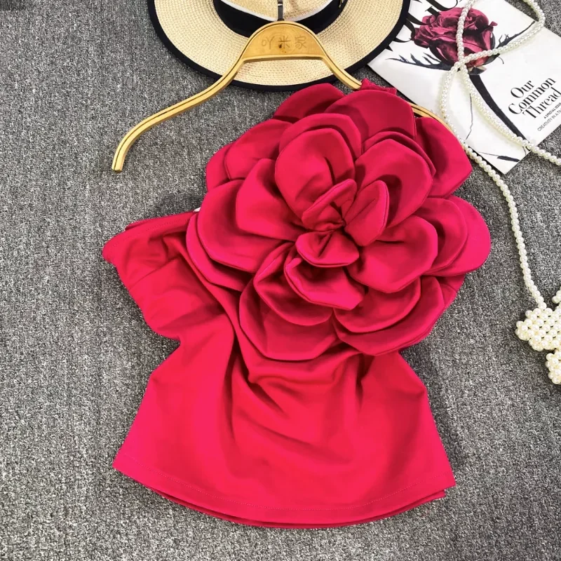 Neploe Sexy Spicy Girl 3D Large Flower Oblique Collar One Shoulder Camisole 2024 Female Korean Slimming Open Back Outwear Tops