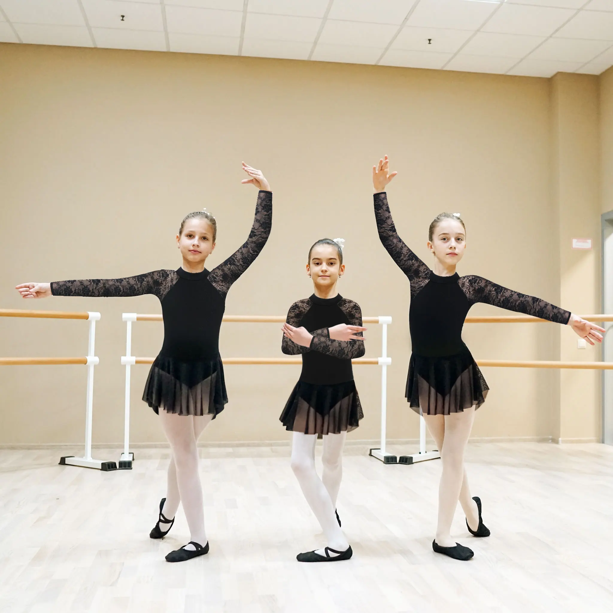 Girls Dance Ballet Leotard with Skirt,Big Girls Lace Sleeves Ballerina Dancewear