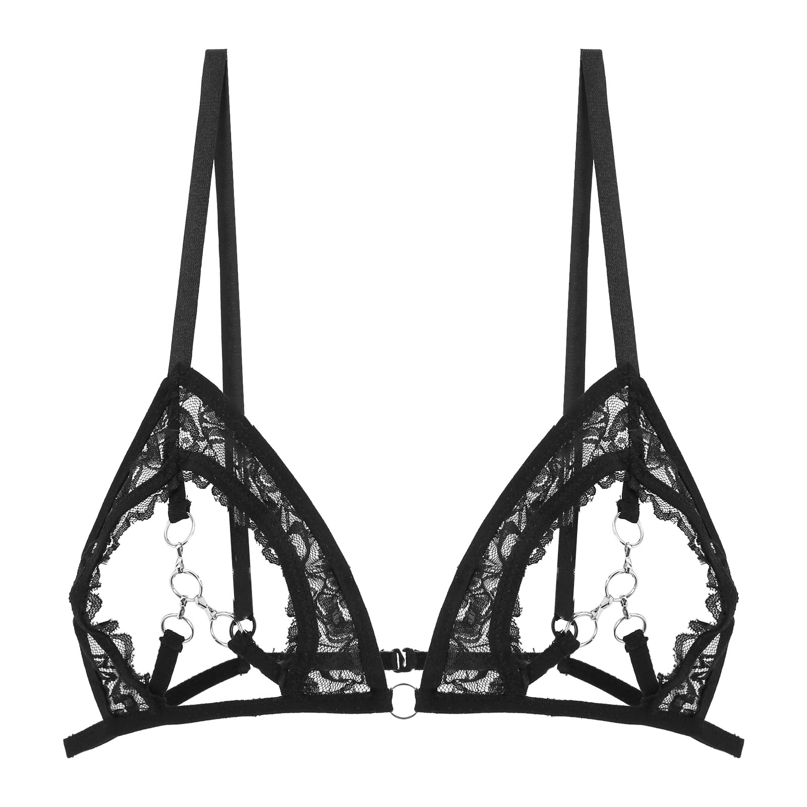 Womens Lingerie Erotic Bras Open Cup See Through Sheer Lace Bra Top Brassiere with Metal Rings Linked at Bust Bralette Underwear