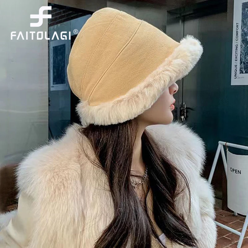 Winter Women Fisherman Cap Thick Fluffy Fur Panama Basin Cap Solid Color Plush Bucket Hat Windproof Warm Female Bonnet Visors