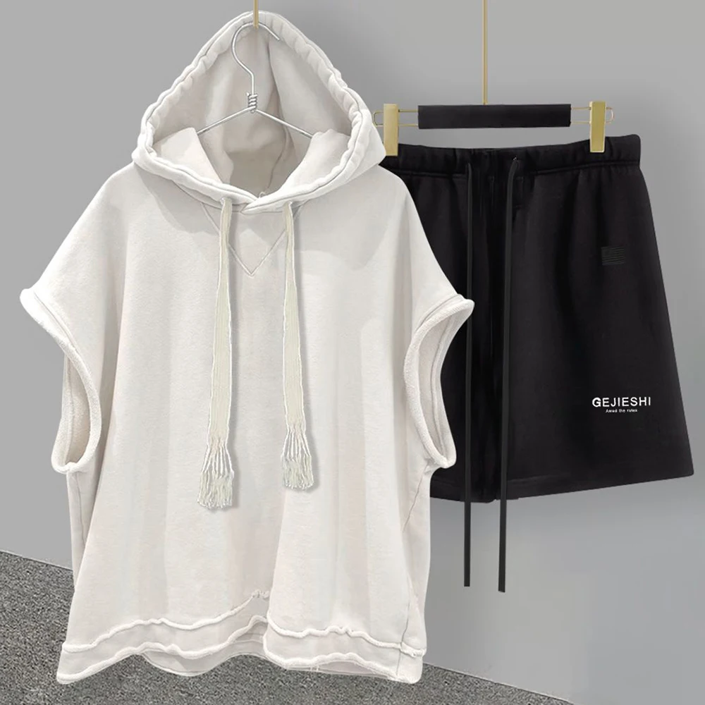 Casual Sports Shorts Suit 2025 Men's Summer Solid Color Hooded Vest Letter Printing Straight Five-point new Pants Loose and Versatile