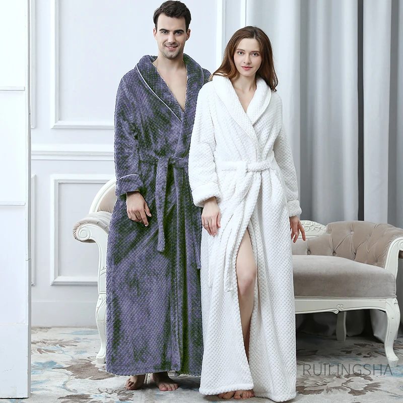 Men Winter Plus Size Extra Long Flannel Bathrobe Thick Warm Solid Shell Coral Fleece Bath Robe Women Dressing Gown Hot Sleepwear