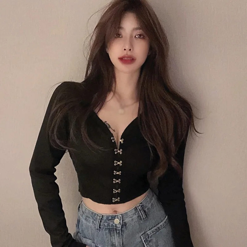 Sexy Navel T-shirt Women's V Neck SlimExposed Single Breasted Long Sleeved Tops Elegant shirts female long sleeve Top