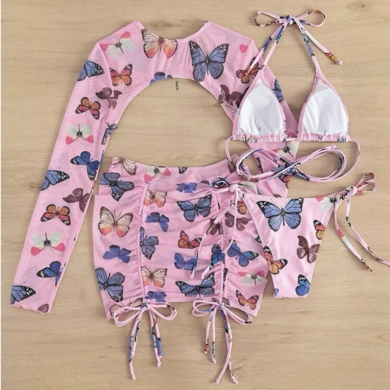 4Pc Swimsuit for Women Halter Bikinis 2025 Lace Up Swimwear with Beach-Skirt Sexy Butterfly-Print Bathing new Suit Beachwear Dropshipping