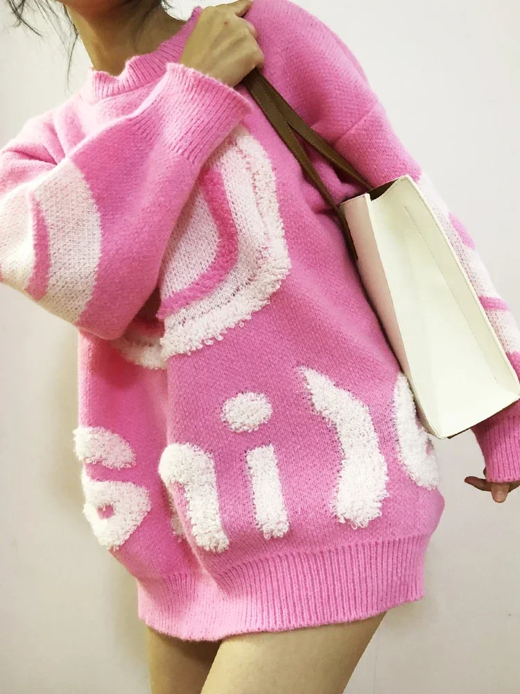 Y2k O-Neck Crochet Kintted Sweater Women Loose Top E-girl Pullovers Spring Autumn Winter Jumper Sueter Streetwear