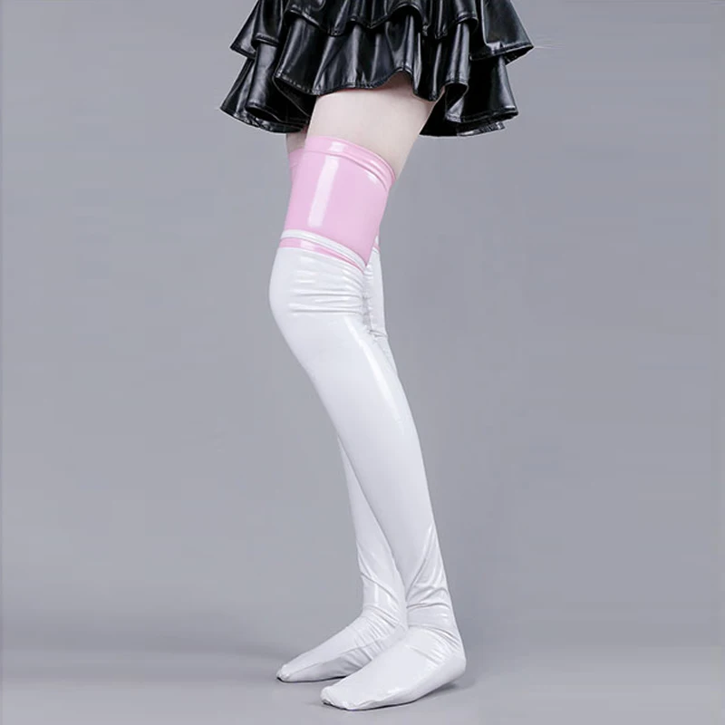 AniLV Women Leather Glossy Over Knee Stockings Anime Cute Cat Paw High Thighs Hold-ups Socks Cosplay