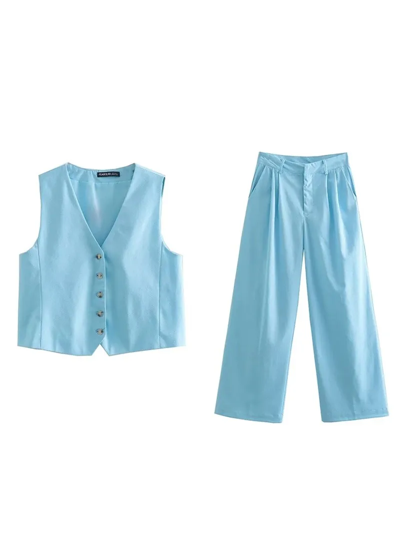 Linen Women Pants Sets Vest Tops+Straight Wide Leg Trousers Summer 2 Pieces Formal Casual Hot Girl 2025 Office Suit Party new Prom Outfit