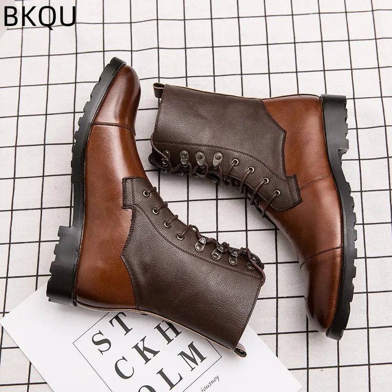 Men's Trendy High-top Boots Motorcycle Boots Leather Boots Non-slip Low-top Thick-soled Elastic Outdoor Wear-resistant Fashion