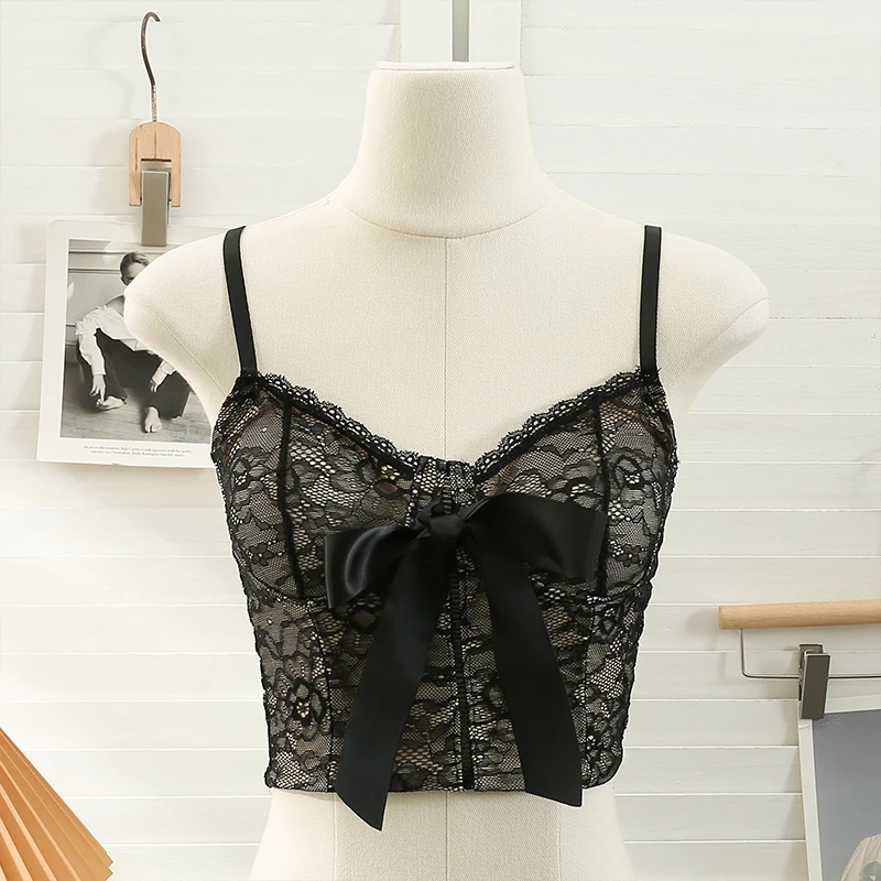 2025 Lace Camis Crop Top Women V Neck Wirefree Intimates Camisole new Girs Irregular Back Black White Tanks