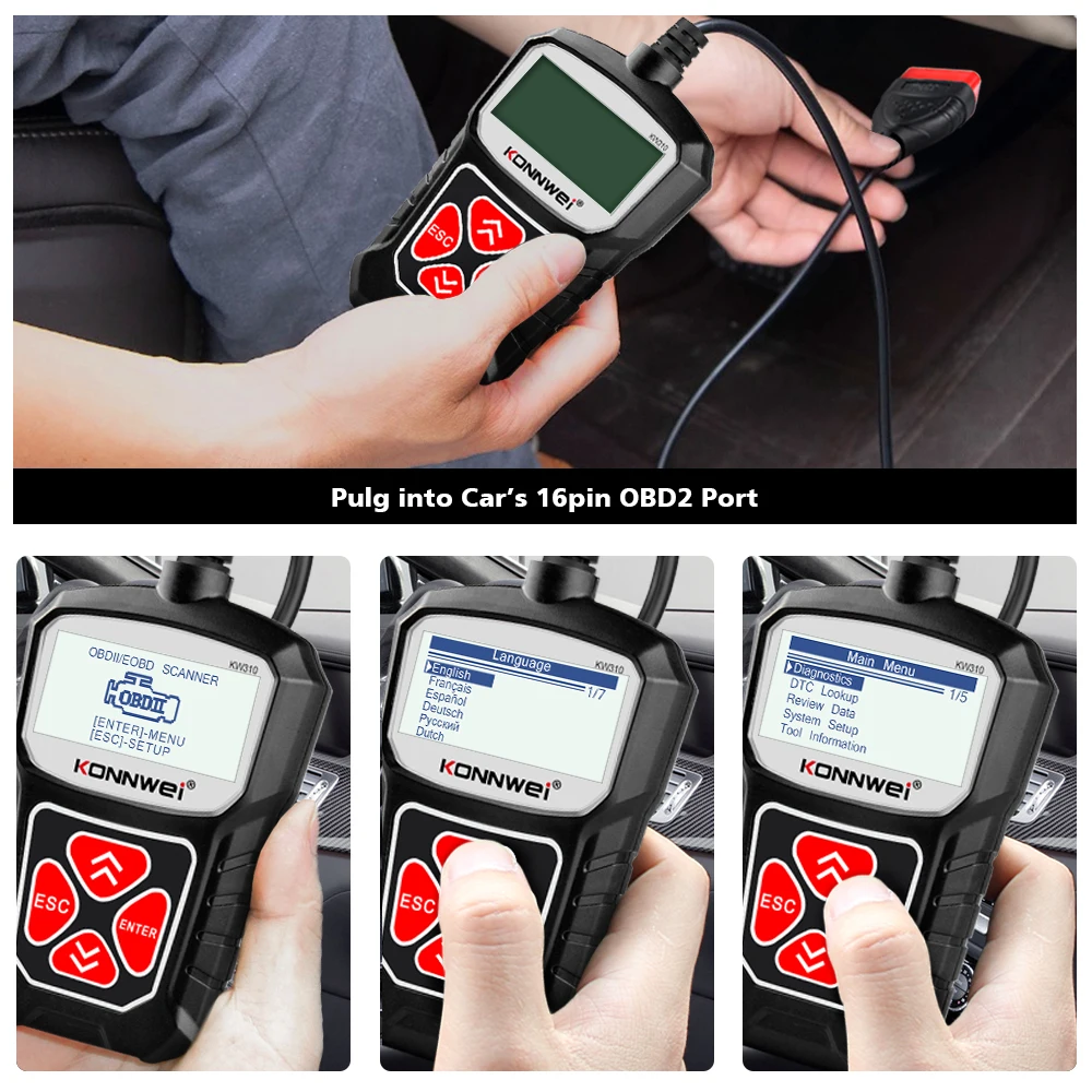 KONNWEI KW310 Car OBD2 Scanner Engine check Read and Clear Fault Code EOBD Car Diagnostic Tools PK ELM327
