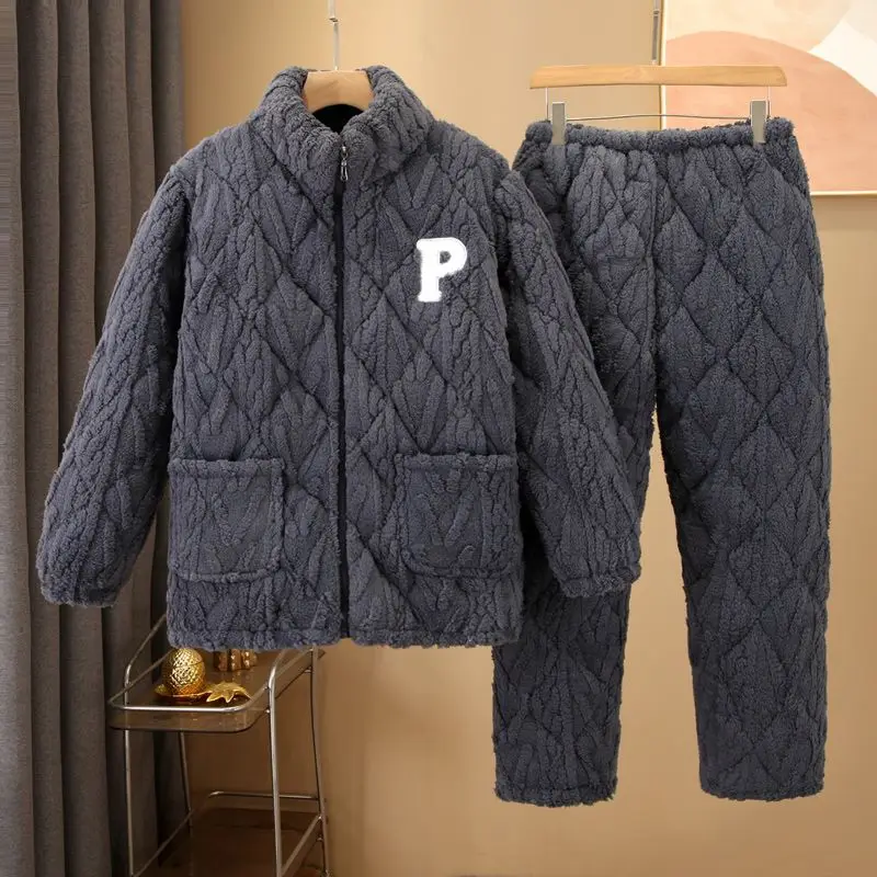 2023 New Autumn Winter Style Coral Velvet Men Stand Collar Pajamas Three-layer Quilted Thickened Flannel Home Clothes Warm Suit