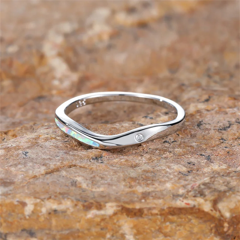 Luxury Crystal Small Round Stone Ring White Blue Opal Engagement Thin Rings For Women Rose Gold Silver Color Wedding Bands Gifts