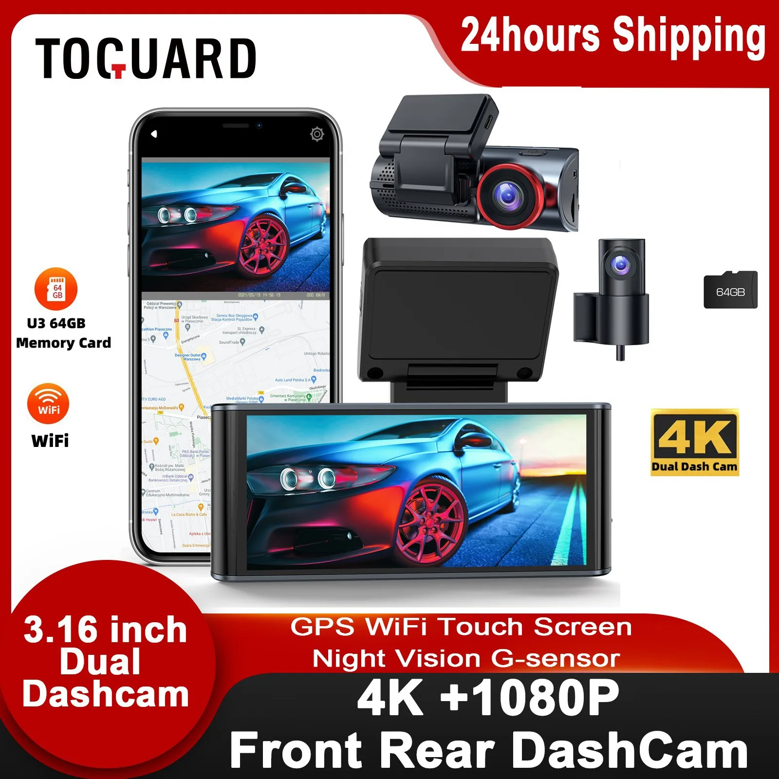 TOGUARD Dual Lens 4K UHD Car DVR Touch Screen Smart Gesture Sensor DashCam Front And Rear Camera GPS Wi-Fi Car Recorder Car DVR