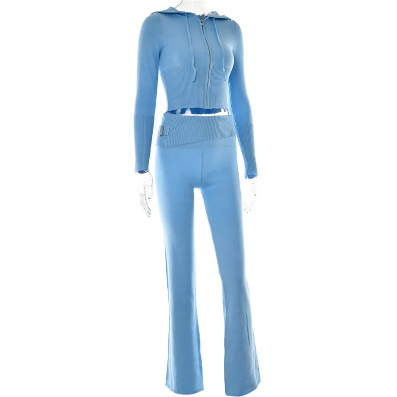 Solid Knitted 2 Piece new Sets Women Tracksuit 2025 Long Sleeve Zipper Hooded Sweater Jackets Crop Top Flare Pants Stretchy Matching Suit