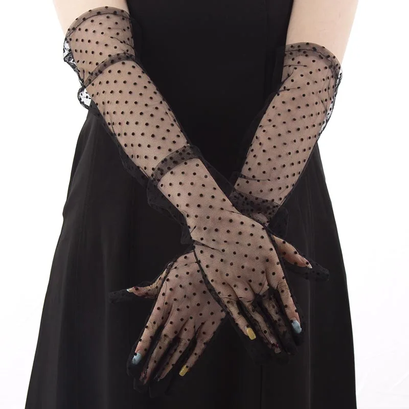 Summer Women Black White Dot Lace Long Tulle Gloves Stretchy Full Finger Transparent Sexy Mittens new Mesh 2025 Bride Wedding Gloves