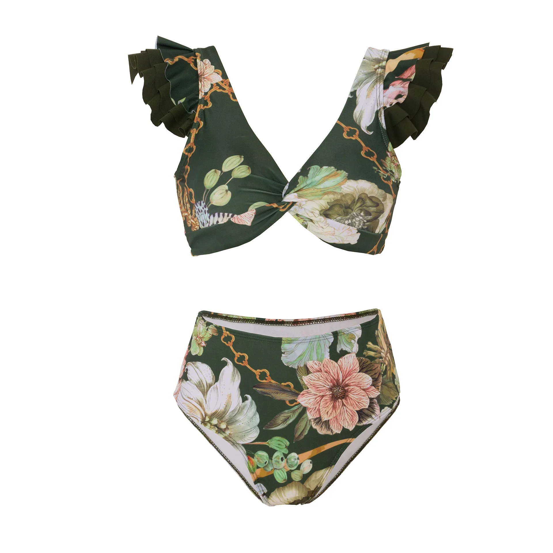 V-neck Black Bikini 2023 Ruffle Swimwear Women High Waist Swimsuit Printed Bathers Bathing Swimming Swim Suit Beachwear