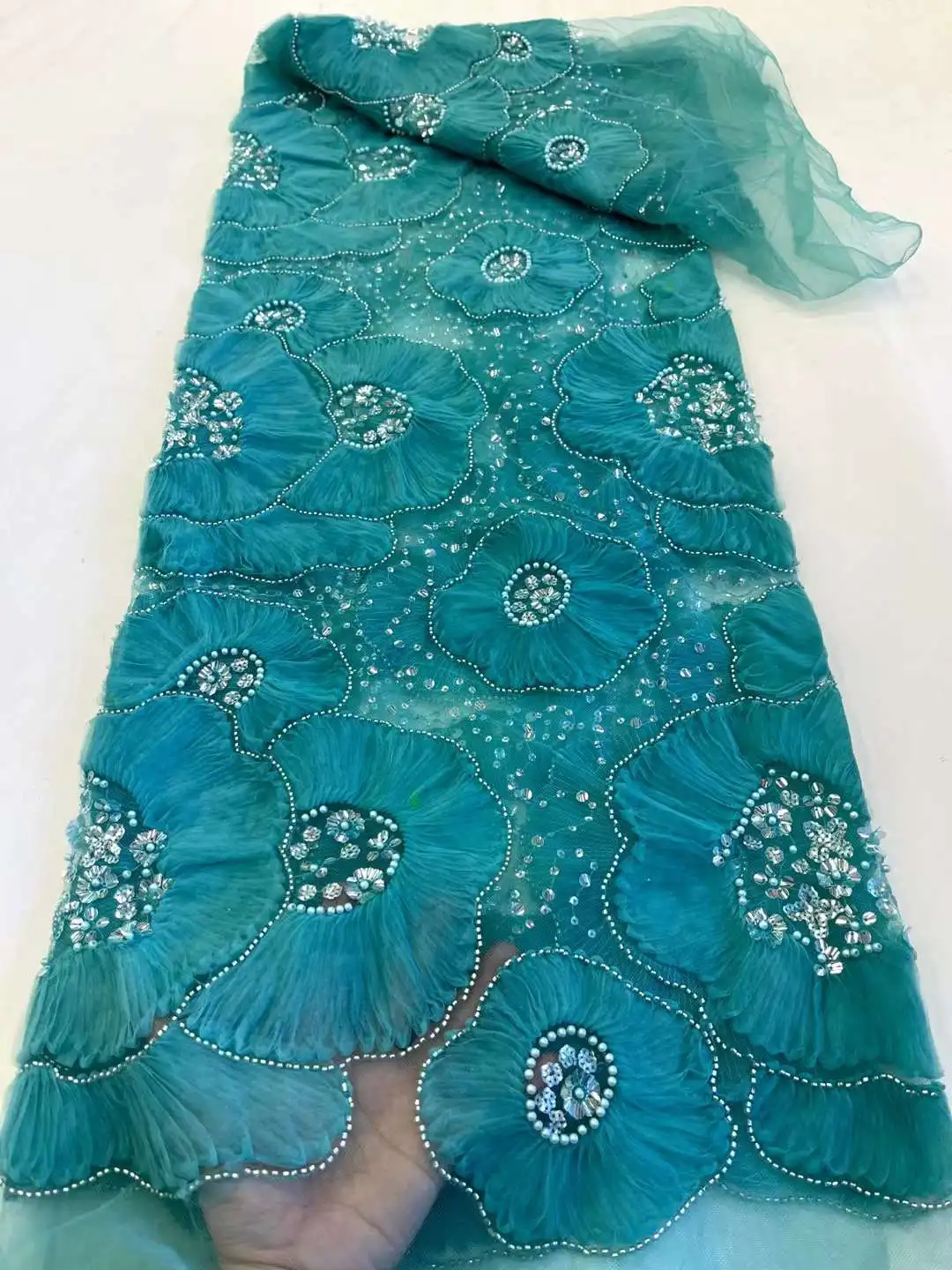 2023 Latest African 3D Flower Lace Fabric Dubai Sequins Tulle Lace Fabric Embroidered Applique Nigerian Groom Fabric For Sewing