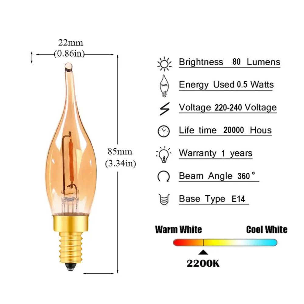 Dimmable C22 LED Filament Bulb E14 0.5W Amber Decorative Night Light Candle Light Ampoule Candelabra Chandelier Replacement Bulb