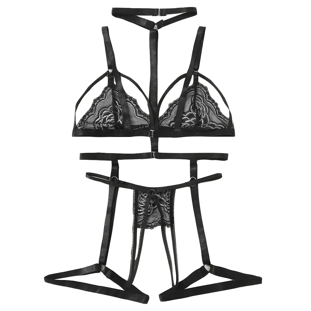 New new In Plus Size Women's Underwear Sexy Lingerie Lace Lingerie Bra+thong+garter Underwear Set 2025 Black Sleepwear Women's lingerie