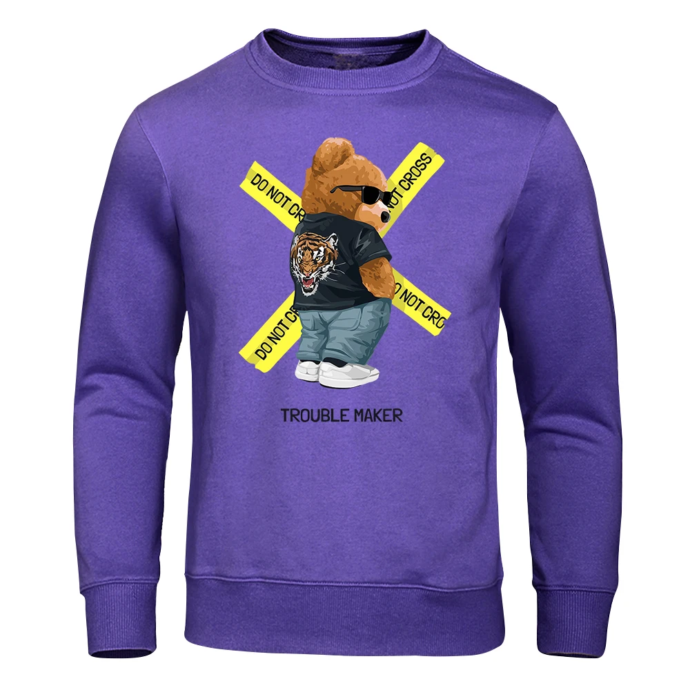 Mr. Teddy Bear With Dark Glasses Trouble Maker sudaderas con capucha para hombres, Top suave deportivo Harajuku, Tops de cuello redondo, Jersey suelto