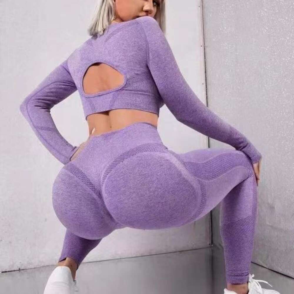 Hollow Out Long Sleeved High Waisted Hip Lifting Exercise Yoga Pants 2-piece Set