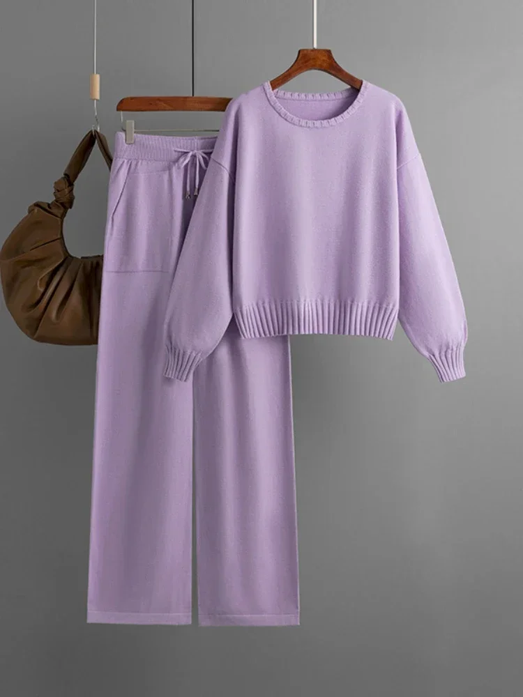 Winter Autumn Women's Knitted Tracksuit Casual Korean Plus Size Sweatersuit Wide Leg Pants Set Ribbed 2 Piece Sets Women Outfits