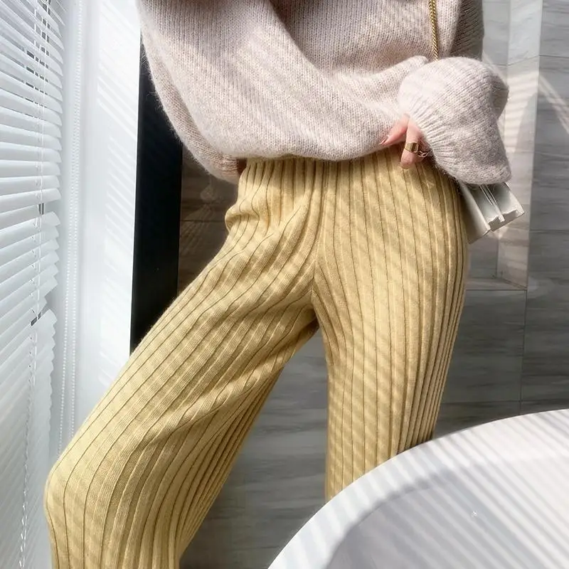 Casual Thick Knitted Women Pants Elastic High Waist Loose Female Wide Leg Pant Long Trousers 2023 Autumn Winter Striped Pantalon