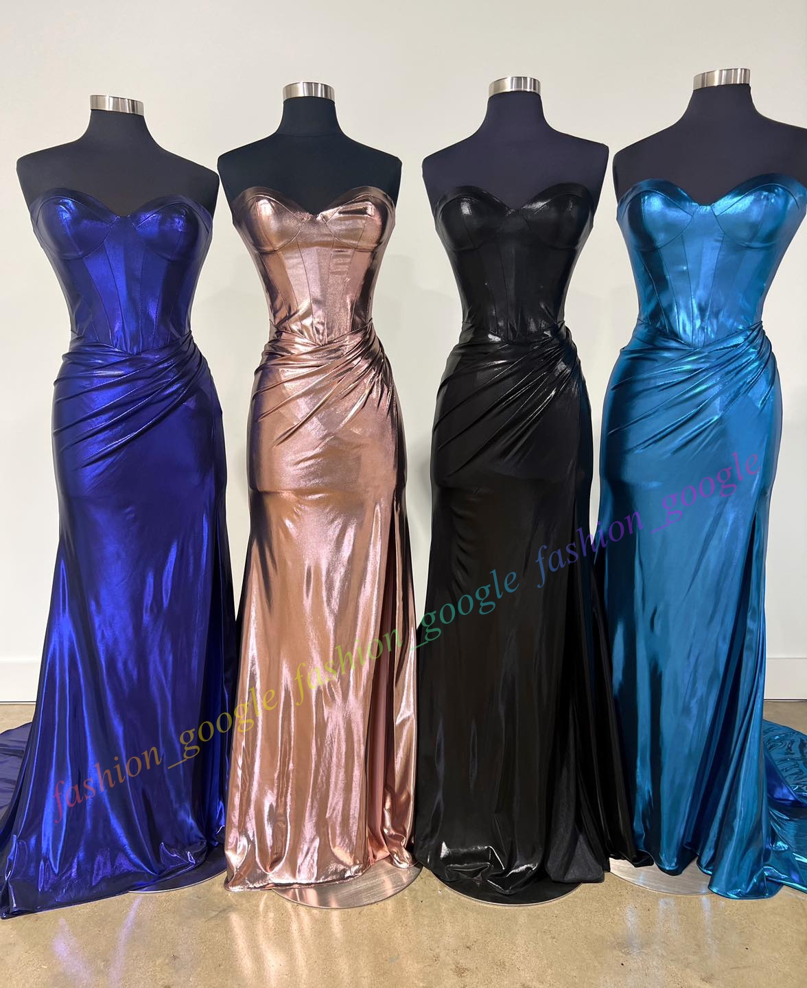 Strapless Corset Metallic Prom Dress Ruched High Leg Slit Long Winter Formal Event Party Gown Red Carpet Runway Oscar Gala Pageant Magenta Rose Gold R