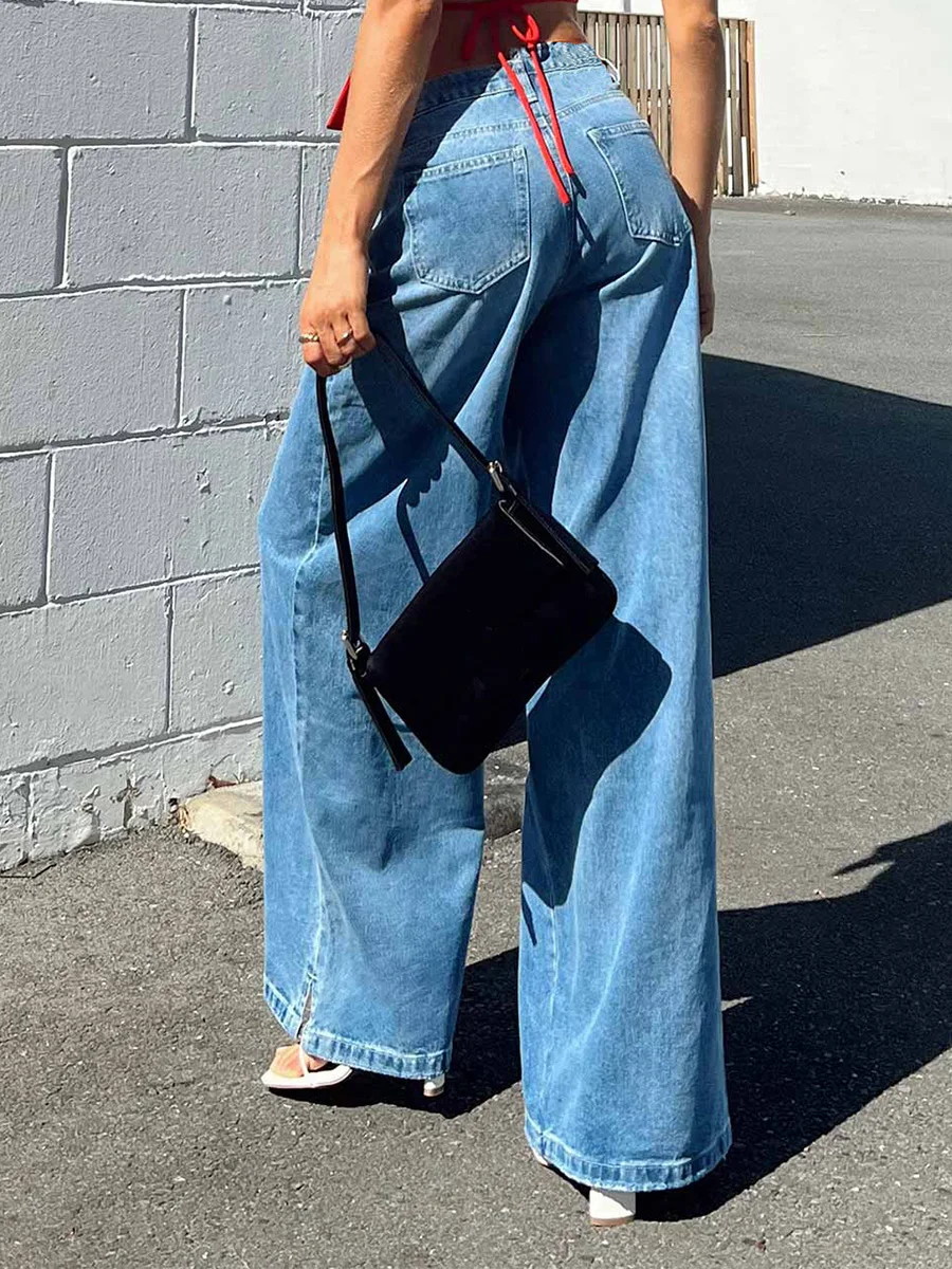 new Women Denim Pants Loose Stretchy 2025 Casual Solid Color Wide Leg Jeans Trousers with Pockets Streetwear
