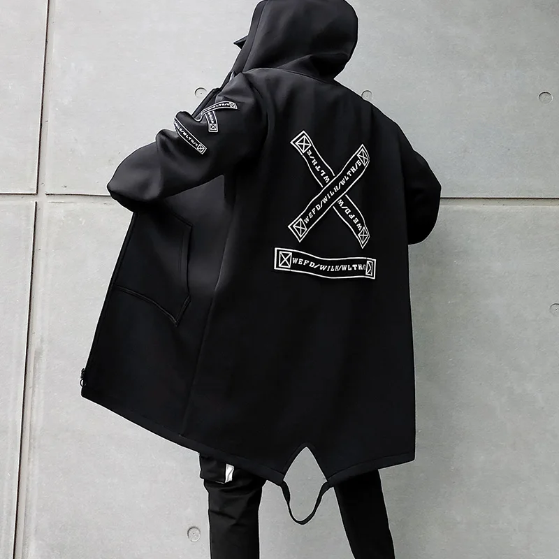 Men Streetwear Black Jackets And Coats 2025 new Hip Hop Haruku Hooded Men's Windbreaker Overcoat Mens Clothing