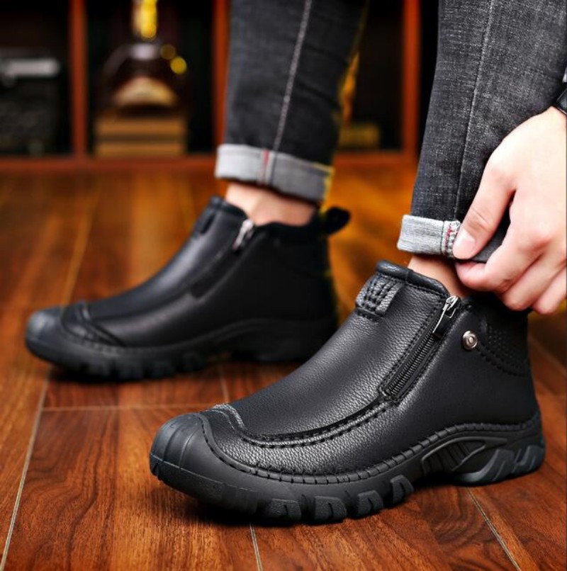 Winter Men Boots Thick Plush Warm Snow Boots Leather Zipper Men's Ankle Boots Platform Non-slip Waterproof Mens Hiking Shoes