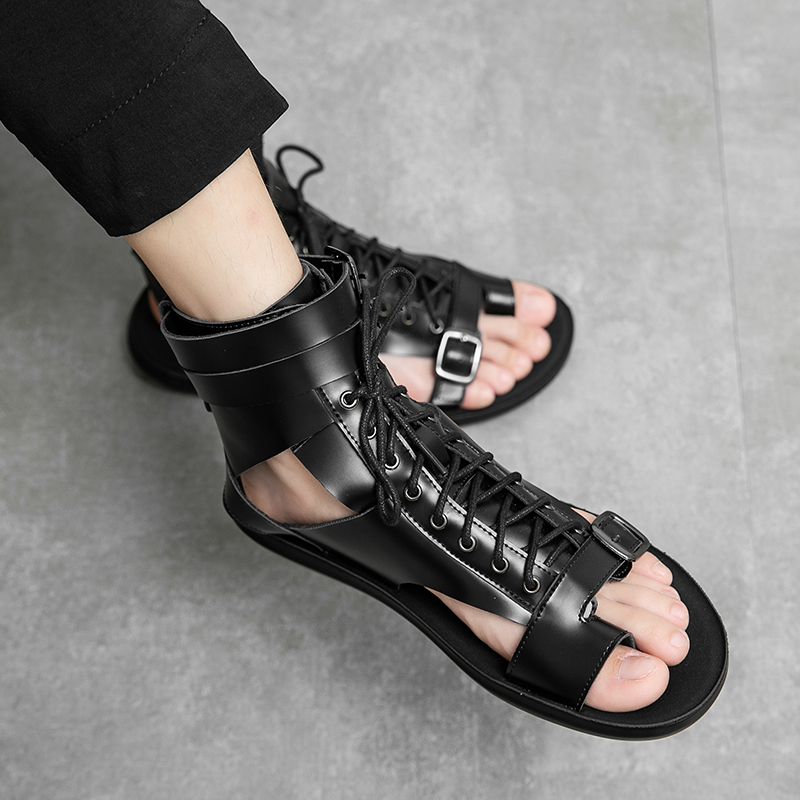 Summer Luxury Brand Men Casual shoes New Outdoor High Top Men Sandals Fashion ROMAN Beach Sandals Black Leather Designer shoes