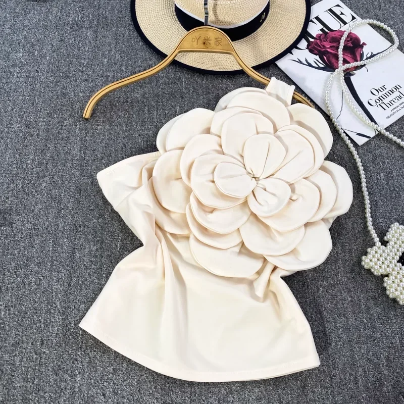 Neploe Sexy Spicy Girl 3D Large Flower Oblique Collar One Shoulder Camisole 2024 Female Korean Slimming Open Back Outwear Tops