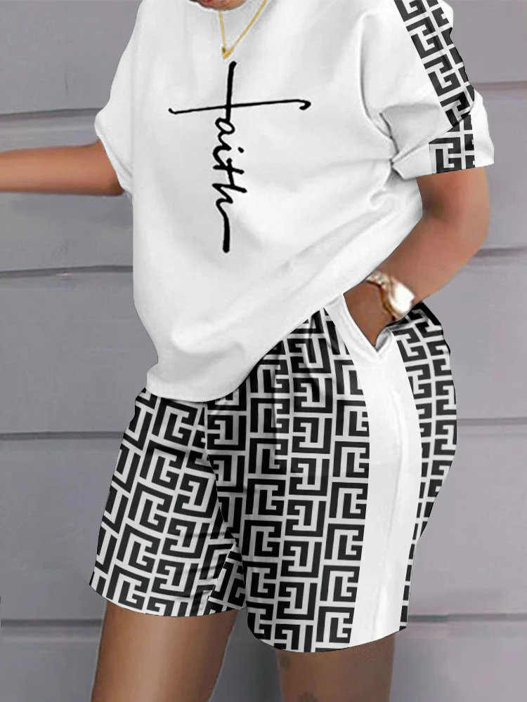 Plus Size Faith Geometric Print Casual Top & 2025 new Shorts Set