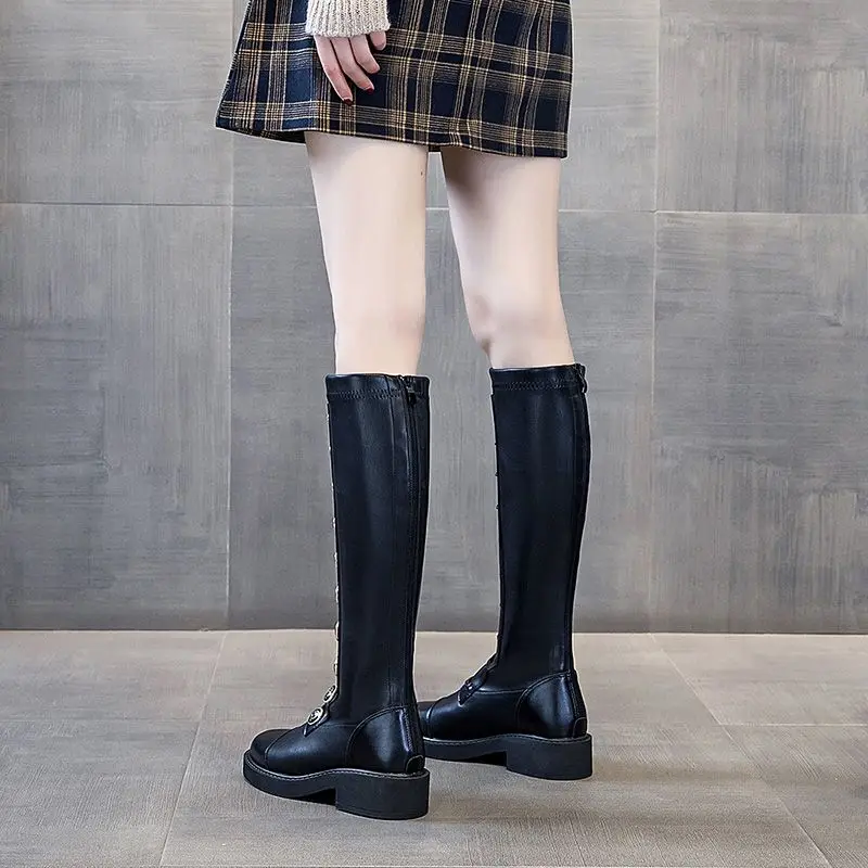 Footwear Winter Knee High Shaft Shoes for Woman White Women's Boots Middle Heel Round Toe Long Boot Work Cosplay Gyaru Quality