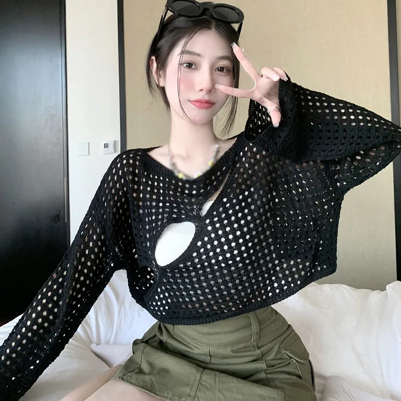 Mesh Loose See-through Tops Knitted round Neck Women's Blouses