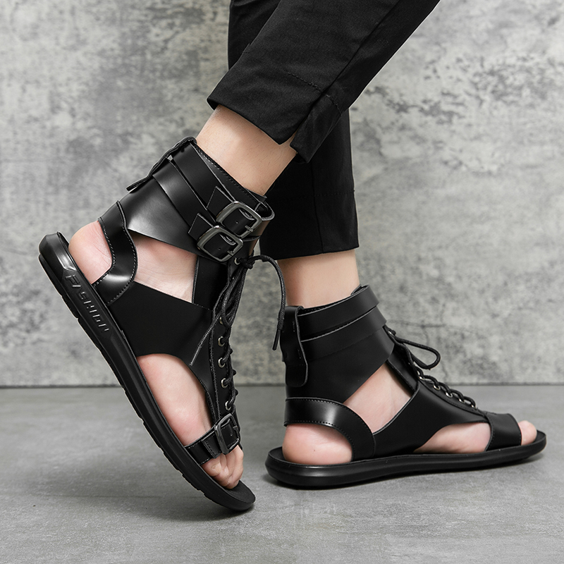 Summer Luxury Brand Men Casual shoes New Outdoor High Top Men Sandals Fashion ROMAN Beach Sandals Black Leather Designer shoes