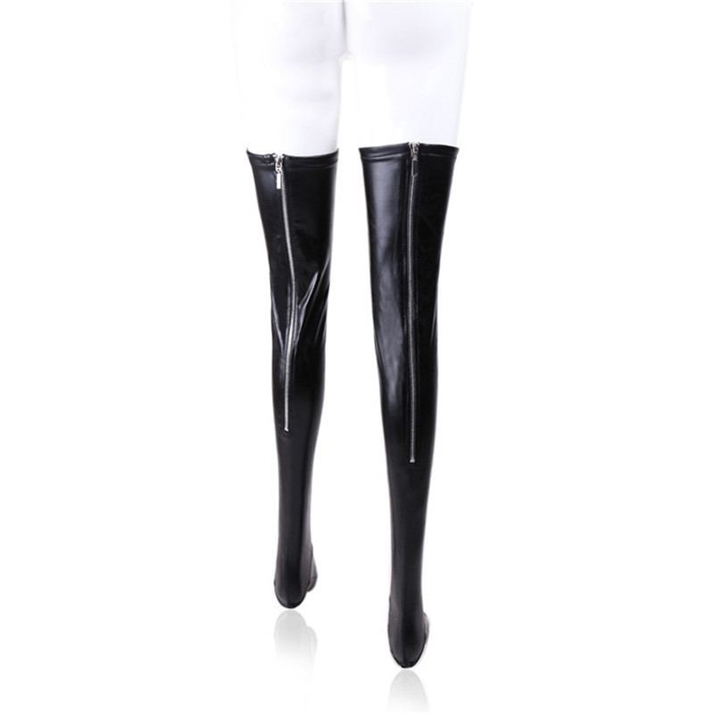 Women Sexy Latex Zipper Stockings Lady's Black PVC Pole Dance Leather Erotic Clubwear Length Over Knee High Stockings