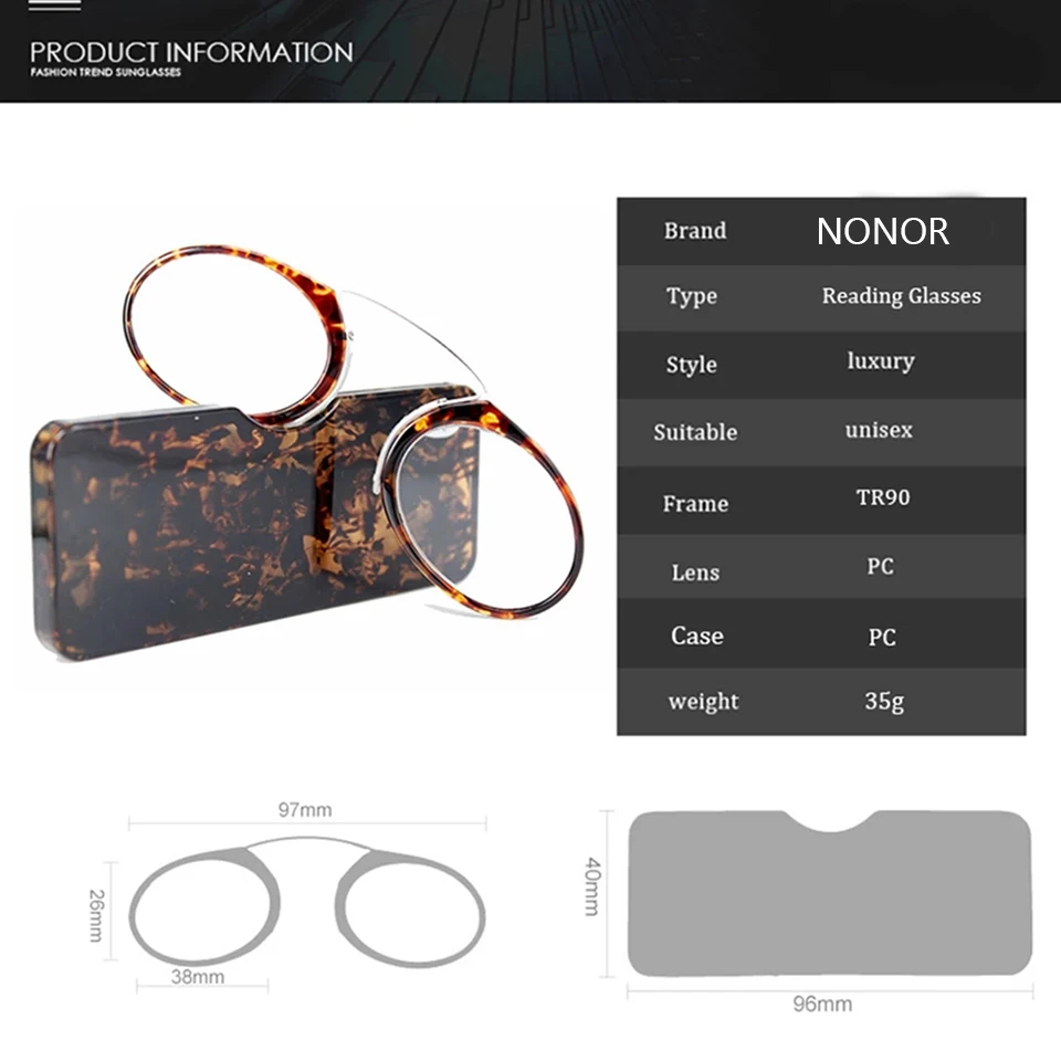 NONOR TR Clip Nose Bridge Mini Reading Glasses 1.0 To 3.5 Portable Presbyopic Glasses With Case