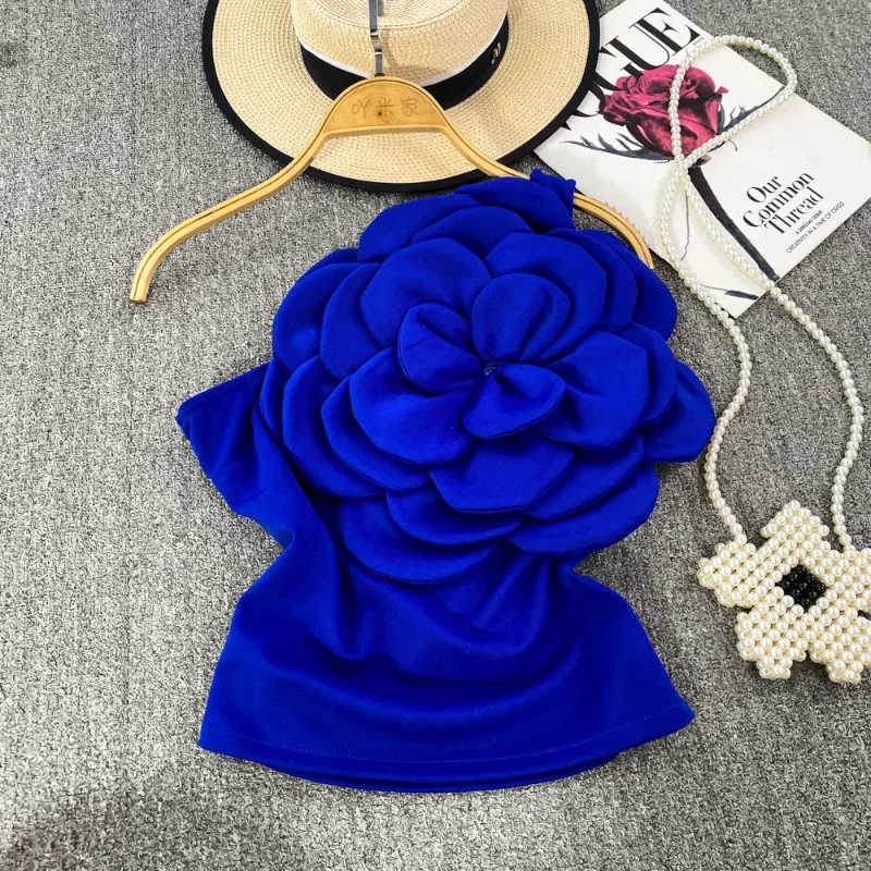 Neploe Sexy Spicy Girl 3D Large Flower Oblique Collar One Shoulder Camisole 2024 Female Korean Slimming Open Back Outwear Tops