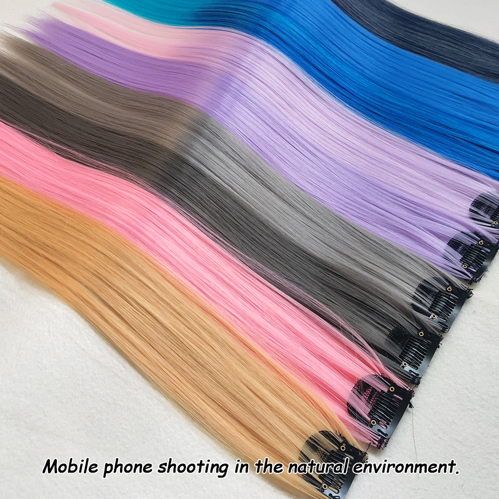 Colored Thick ks 55CM Straight Clip In Hair Extensions Synthetic Highlight Rainbow Hair Clips Grey Blue Purple Hairpieces smile